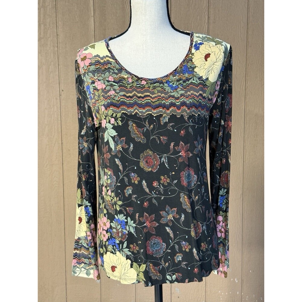 Johnny Was Womens Top Long Sleeve Floral Bamboo Swing  Size Small